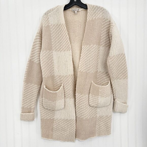 Toad Co Sweater Womens Small Cardigan Wool Blend Plaid Beige Cream Open Cozy - Picture 1 of 9
